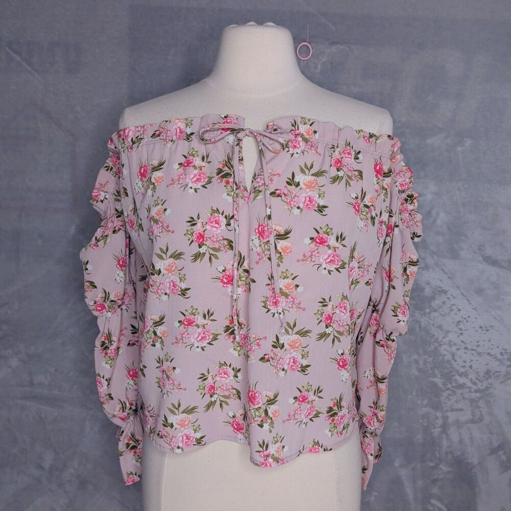 PEACH LOVE CALIFORNIA Off Shoulder Top Sz S Cropped Pink Floral Boho Romantic